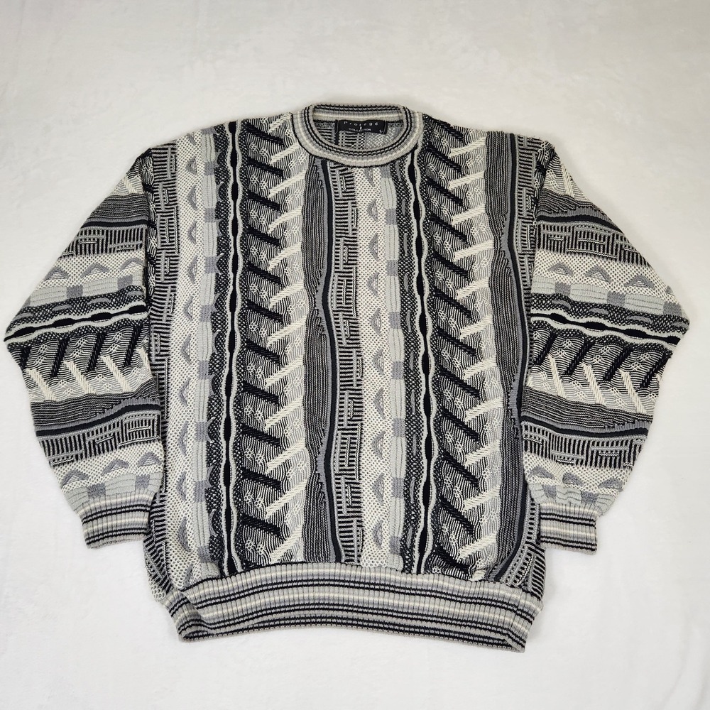 Vintage Protege Collection 3D Knit Sweater Mens Large Grey Black Made in USA